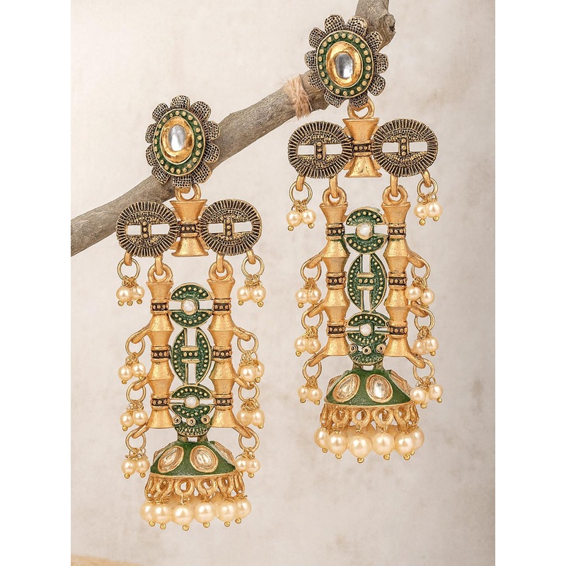 KARATCART Women Gold-Toned & Green Classic Drop Earrings