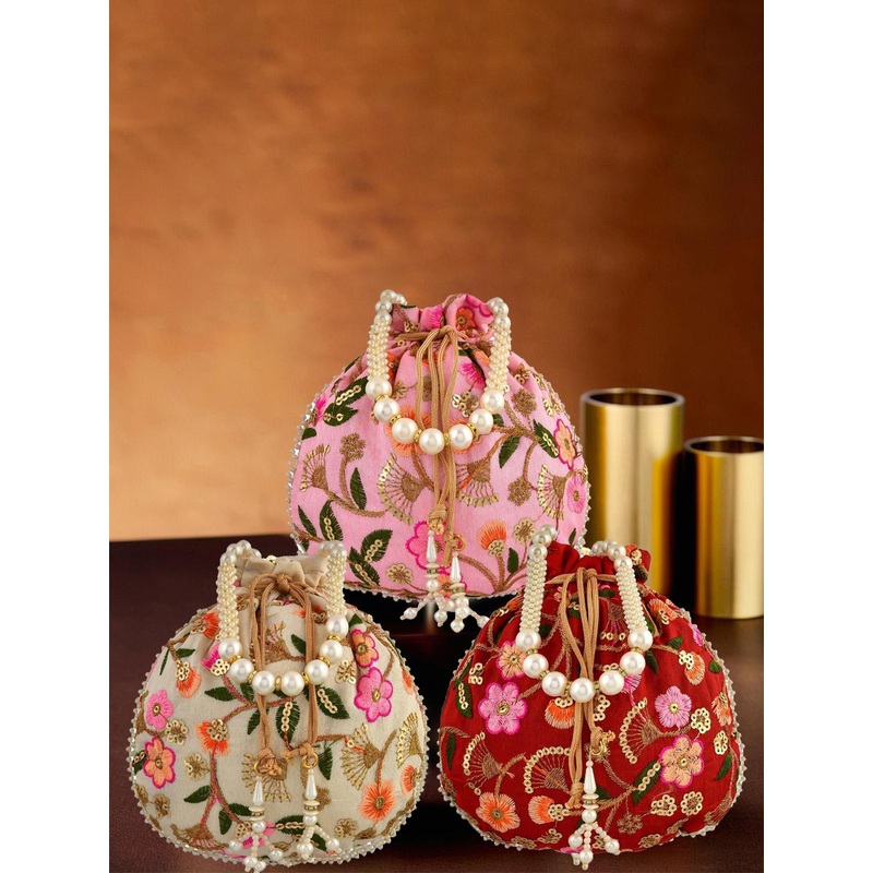 Kuber Industries Set Of 3 Embellished Embroidery Potli