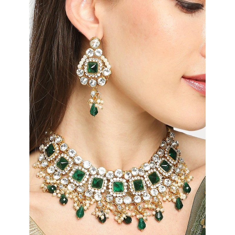 OOMPH Gold-Toned Green & White Kundan Studded & Beaded Jadau Jewellery Set