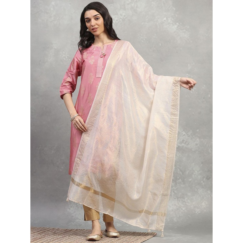Rangriti Striped Zari Embellished Tasselled Dupatta
