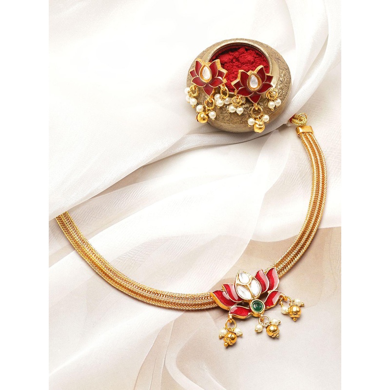 Rubans 18K Gold-Plated Ruby Red Enamel Lotus Motif Pearl Beaded Choker Necklace Set