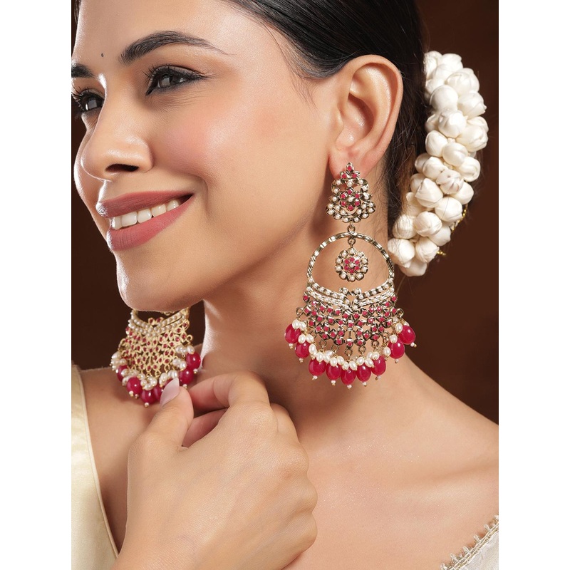 Rubans 18K Mehandi Gold-Plated Red Beaded & Pearl Accented Traditional Chandbali Earrings