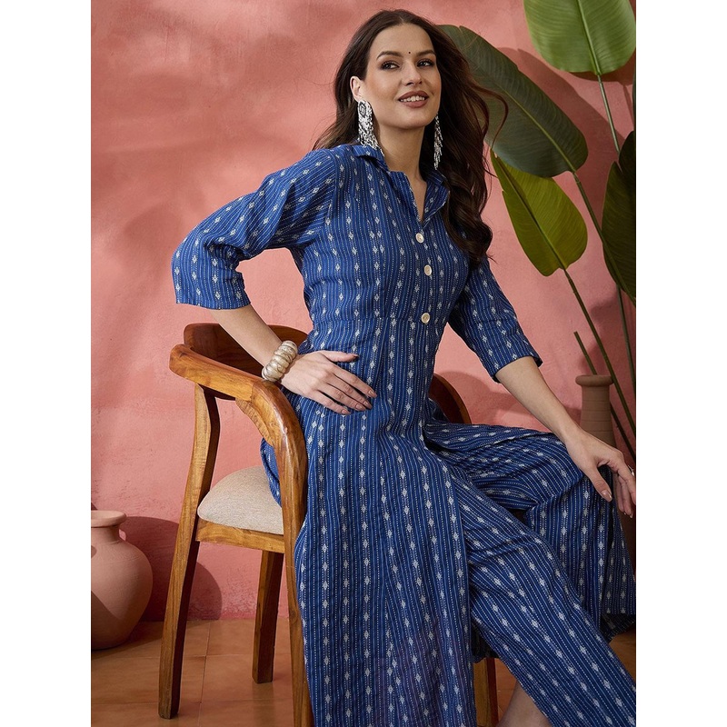 Sangria Blue Ethnic Motifs Woven Design High Slit Shirt Collar Pure Cotton Tunic & Trouser