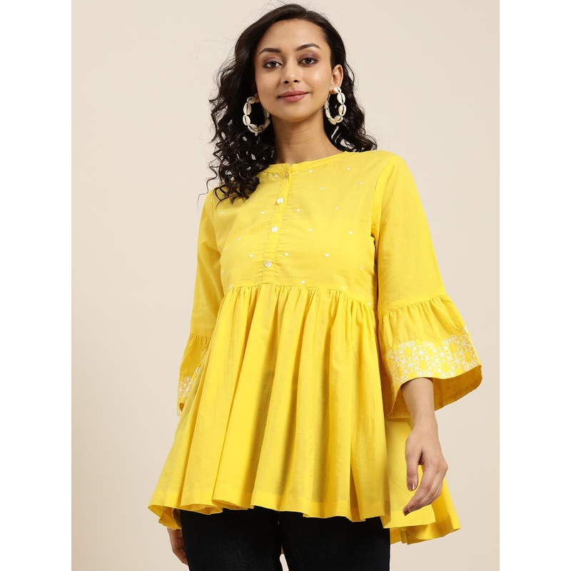 Sangria Women Yellow Mandarin Collar Bell Sleeves Pure Cotton Top