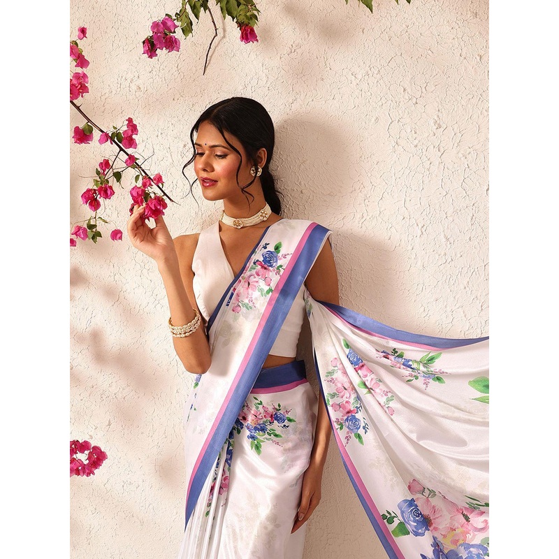 Silk Land Alia Inspired Floral Digital Print Satin Ready to Wear Saree
