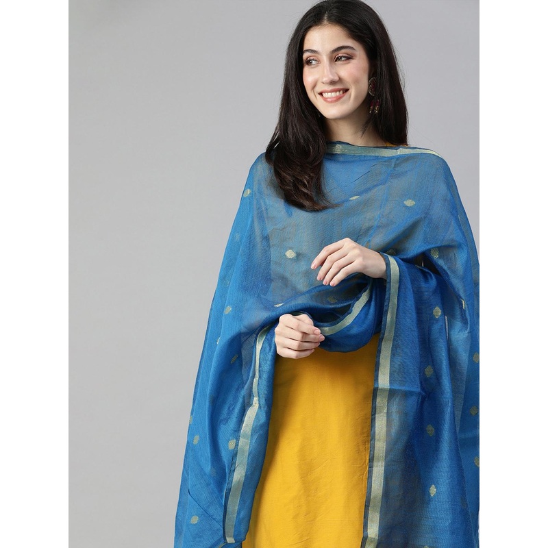 swatika Blue & Golden Ethnic Motifs Woven Design Bhagalpuri Dupatta