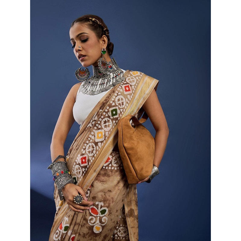 Taavi Ethnic Motifs Printed Pure Cotton Batik Saree with Unstitched Blouse Piece