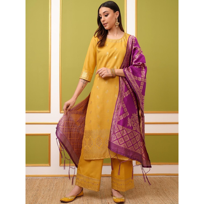 Vishudh Yellow Ethnic Motifs Printed Regular Kurta With Palazzos & Dupatta