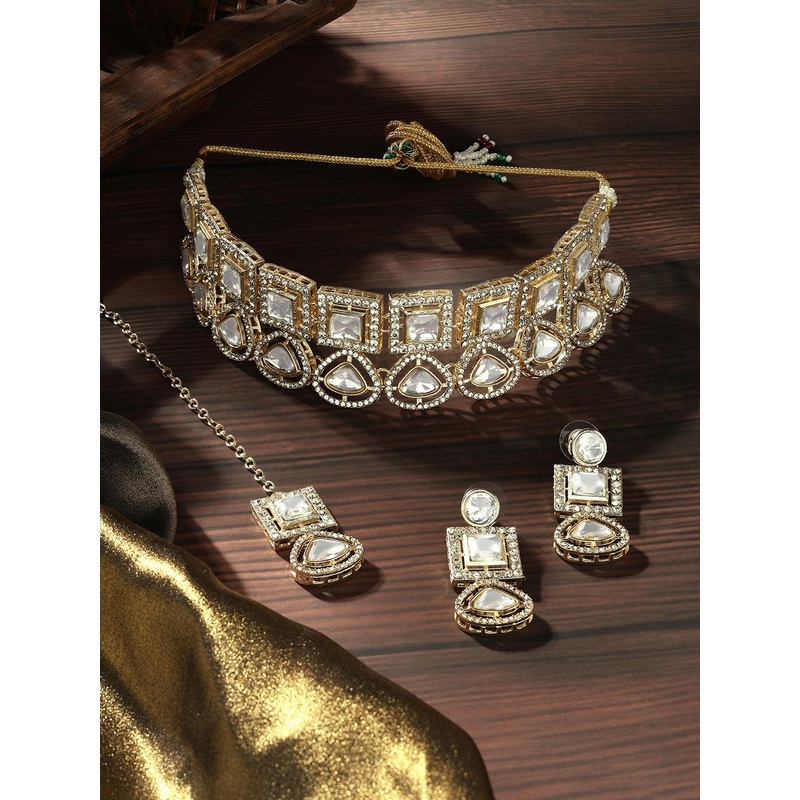 Zaveri Pearls Gold-Plated American Diamond-Studded Necklace And Earrings With Maang Tika