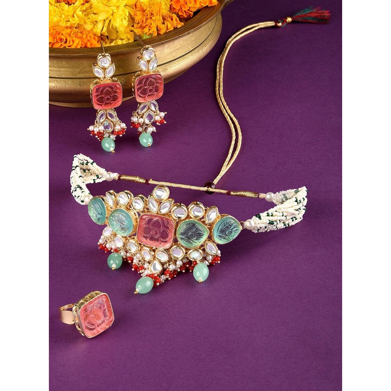 Zaveri Pearls Gold-Plated Stone-Studded Choker Necklace Set