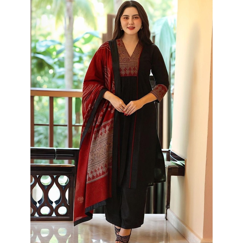 Aaghnya Ethnic Motifs Embroidered V-Neck Straight Kurta With Trousers & Dupatta