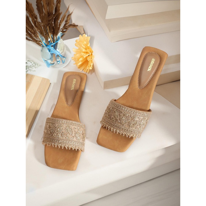 Anouk Beige Ethnic Embellished Open Toe Flats