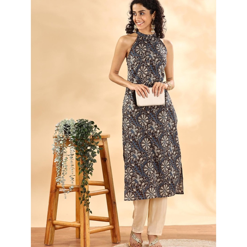 Anouk Floral Printed Halter Neck Cotton Straight Kurta