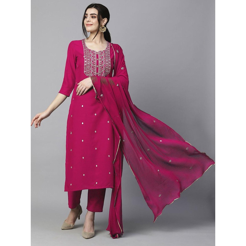 GoSriKi Ethnic Motifs Embroidered Thread Work Straight Kurta With Trousers & Dupatta