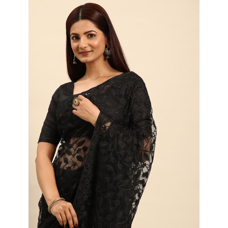 HERE&NOW Floral Chikankari Net Saree