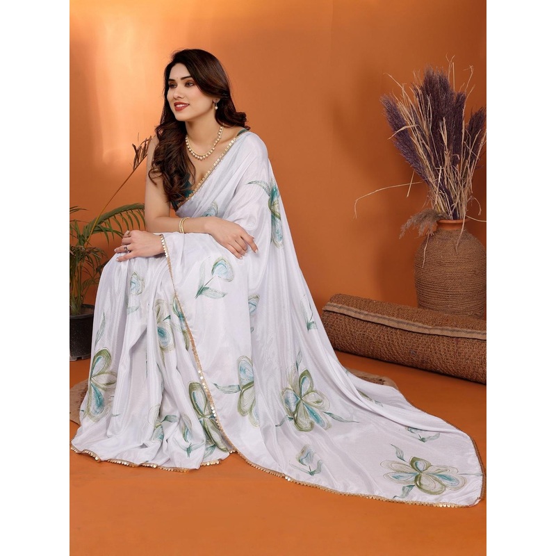 HERE&NOW Women Green & White Floral Chinon Chiffon Saree With Foil Work