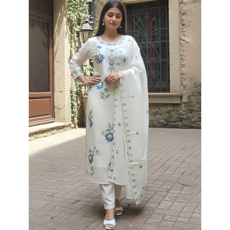 Indo Era Women Pure Cotton Floral Embroidered Kurta Set With Trousers & Dupatta