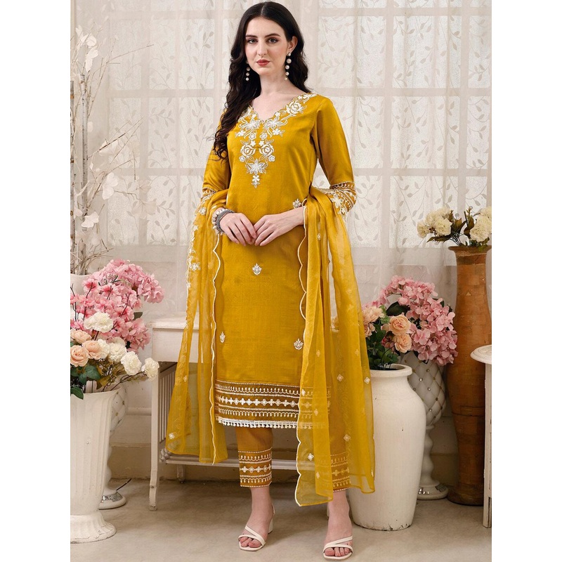 KALINI  Floral Embroidered Thread Work Chanderi Cotton Kurta with Trousers & With Dupatta