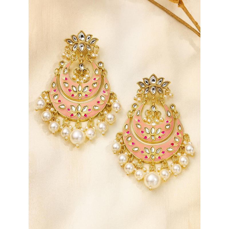 KARATCART Pink & White Gold-Plated Classic Chandbali Earrings
