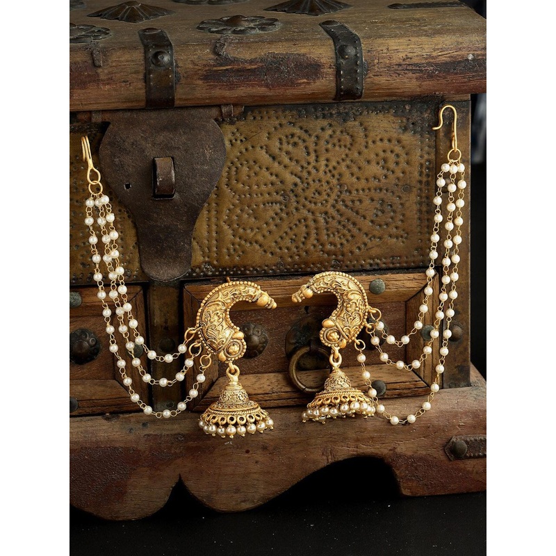 PANASH Gold Plated Beaded Jhumka Earrings With Ear Chain