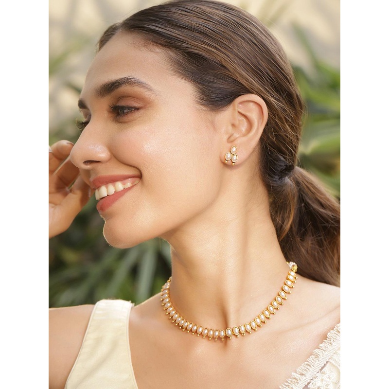 Rubans 22KT Gold Plated Stylish Pearl Studded Oval Link Design Choker Necklace Set