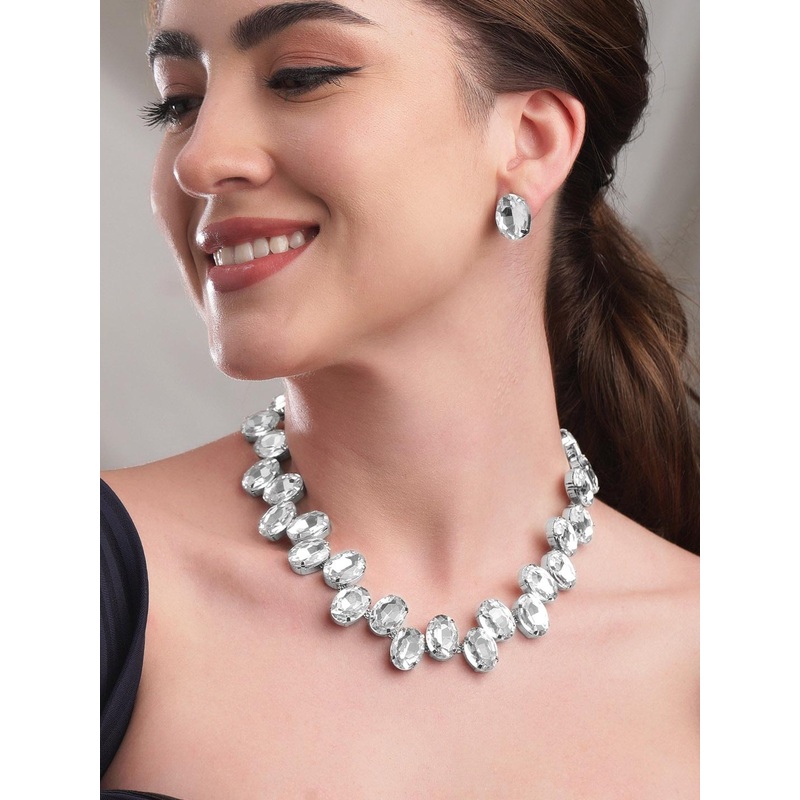 Rubans 24K Rhodium-Plated Crystal Zirconia Studded Oval Cut Statement Necklace & Earrings