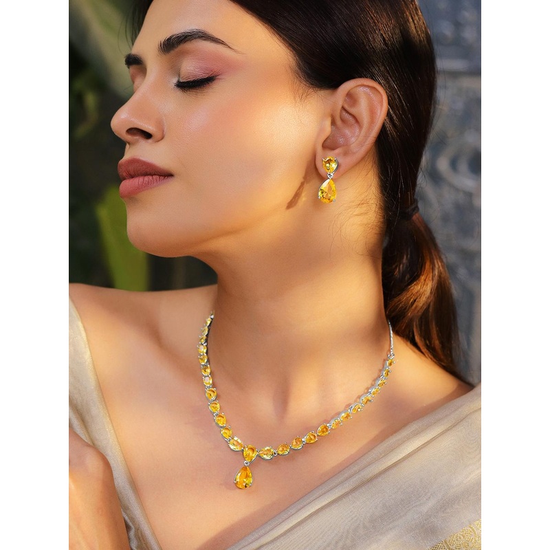 Rubans Rhodium-Plated Yellow Sapphire AD & Cubic Zirconia Studded Necklace Set