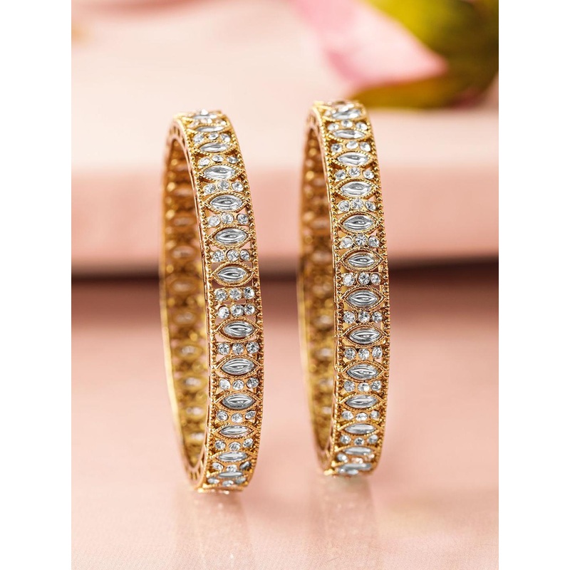 Rubans Set of 2 18 K Mehandi Gold-Plated Bangles with Cubic Zirconia & White Stone Details