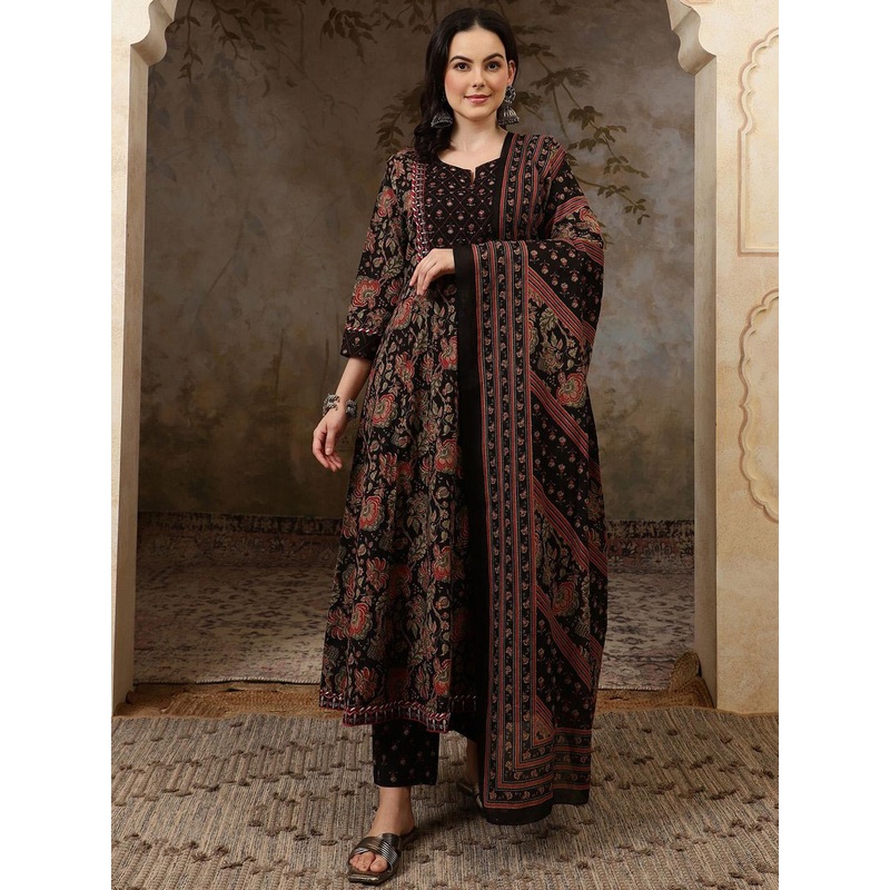 Sangria Black Floral Printed Pure Cotton Anarkali Kurta With Trousers & Dupatta