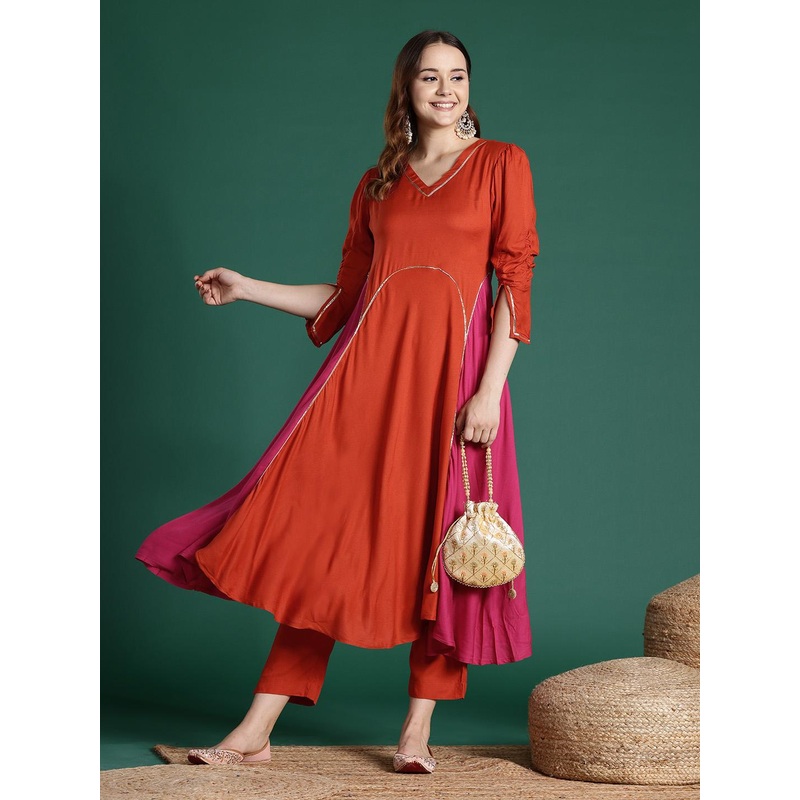 Sangria Colourblock Pleated Kurta with Trousers