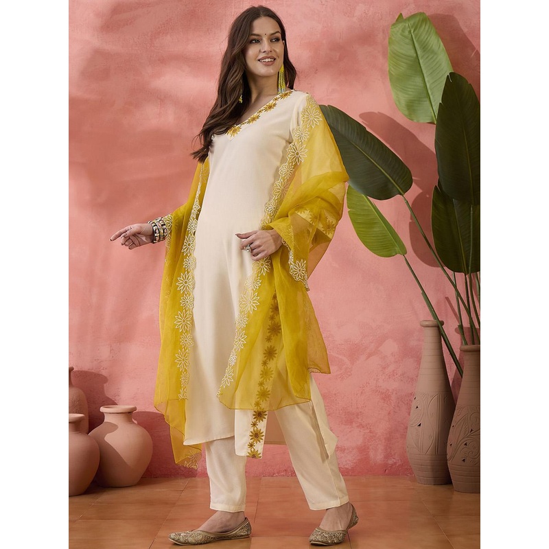 Sangria Cream Floral Embroidered V-Neck Straight Kurta With Trouser And Dupatta
