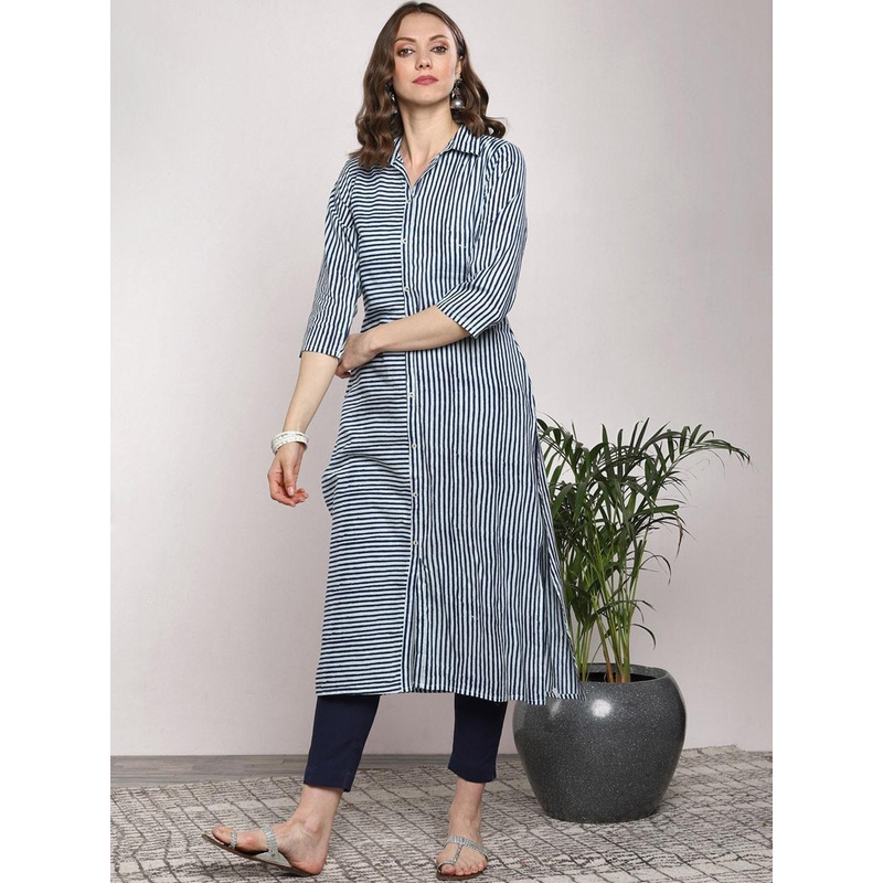 Sangria Women White & Navy Blue Pure Cotton Striped Straight Kurta