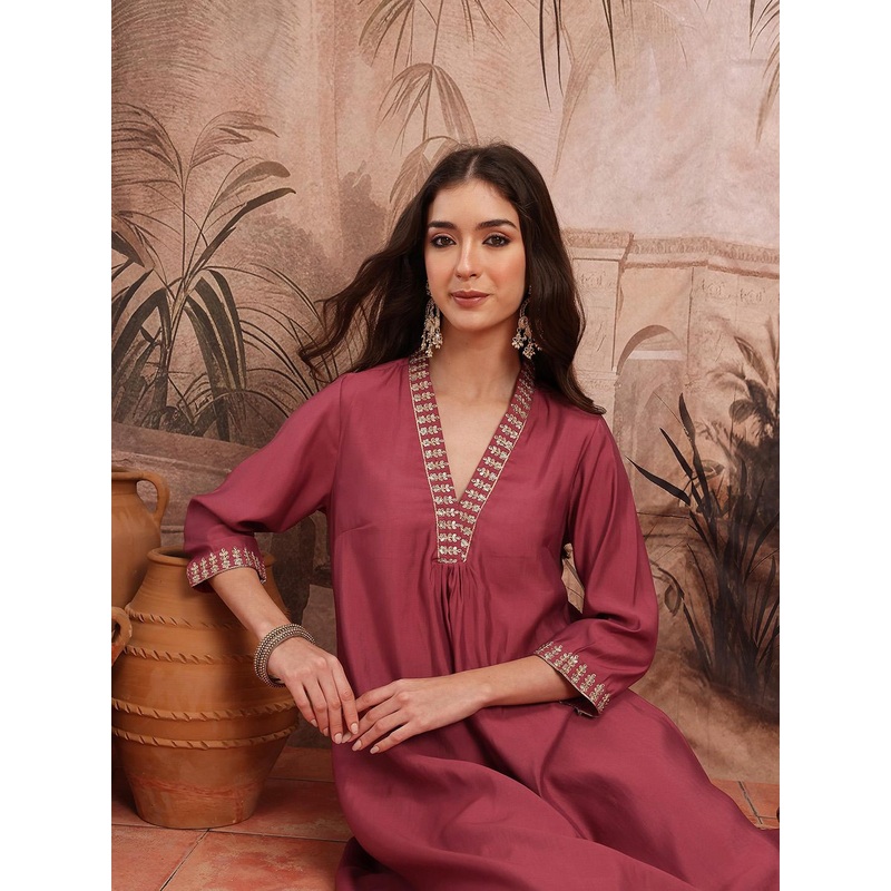 Sangria Women Yoke Design Thread Work Detail Pleated Kurta with Trousers