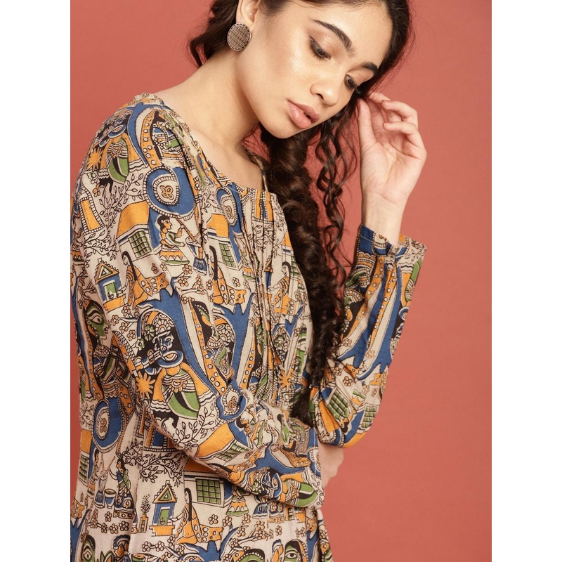 Taavi Hand Block Print Kalamkari Pure Cotton A-Line Sustainable Ethnic Dress with Pockets
