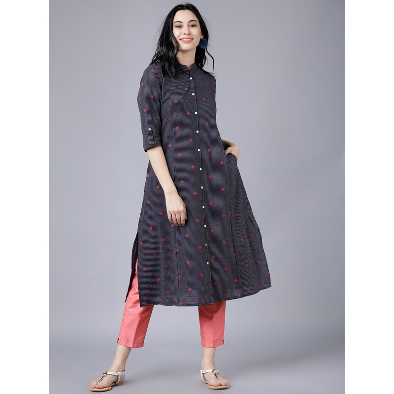 Vishudh Women Navy Blue Printed A-Line Kurta