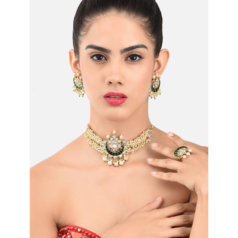 Zaveri Pearls Gold-Plated Green & White Kundan-Studded & Pearl Beaded Jewellery Set