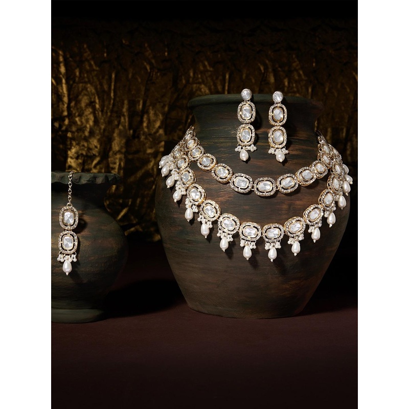 Zaveri Pearls Gold-Plated Stone-Studded Beaded Layered Jewellery Set