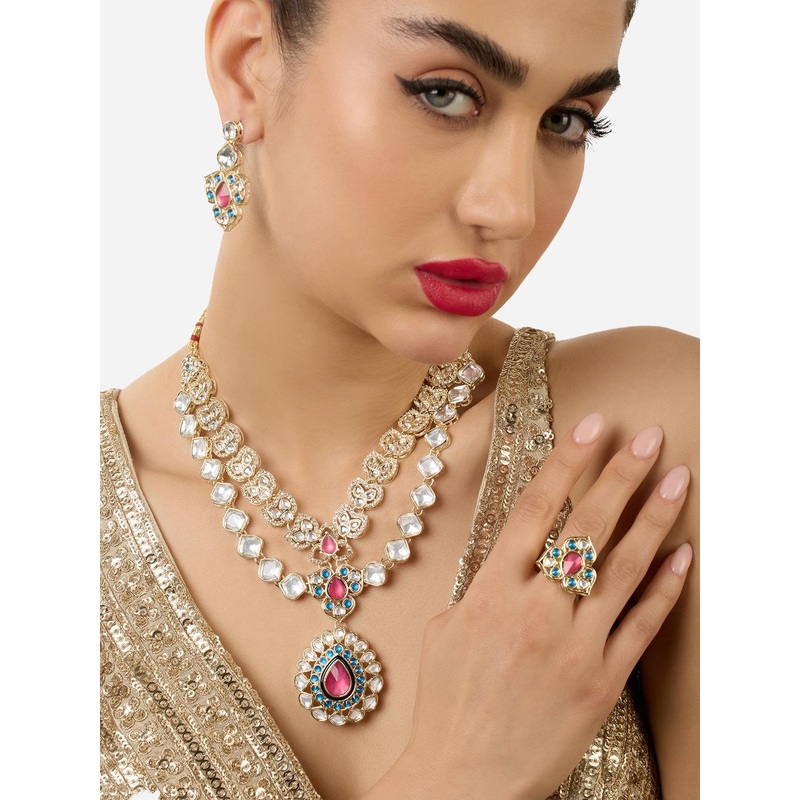 Zaveri Pearls Gold-Plated Stones-Studded Layered Jewellery Set