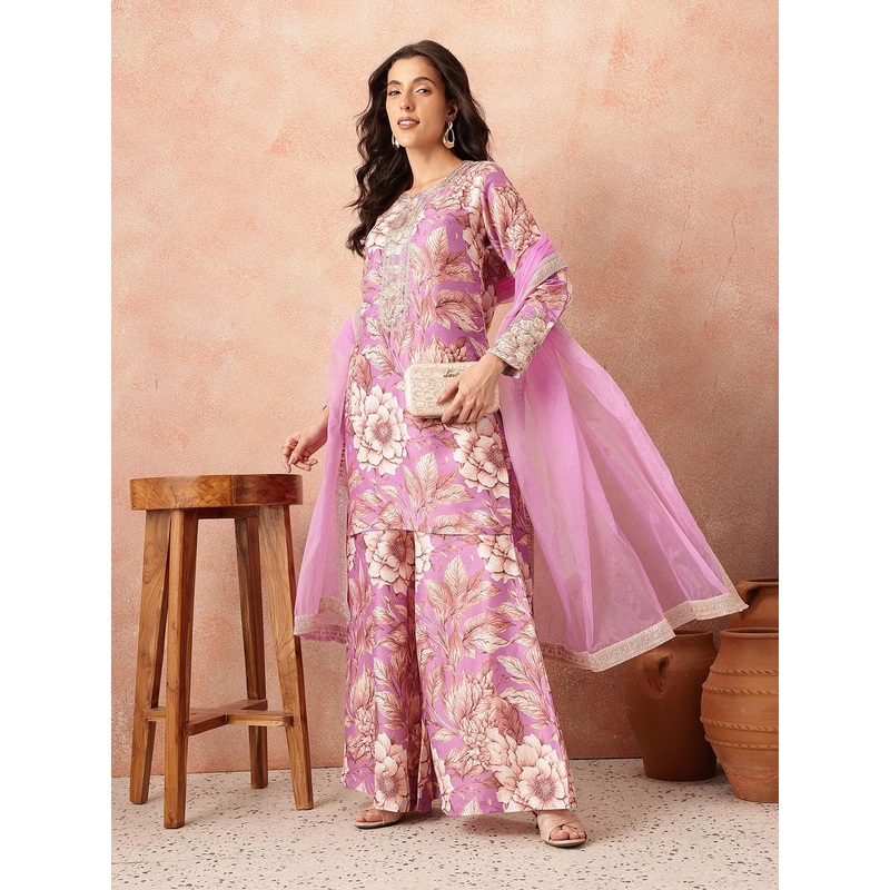 all about you Floral Print Zari Detail Kurta with Palazzos & With Dupatta