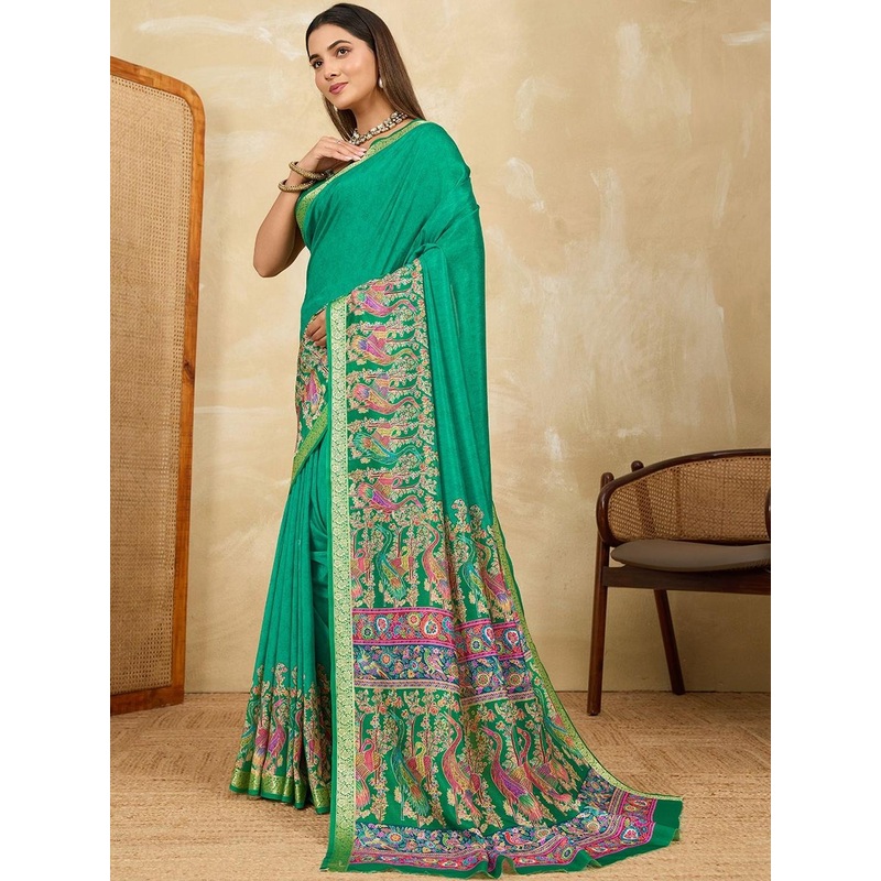 all about you Kalamkari Printed Zari Saree With Blouse Piece