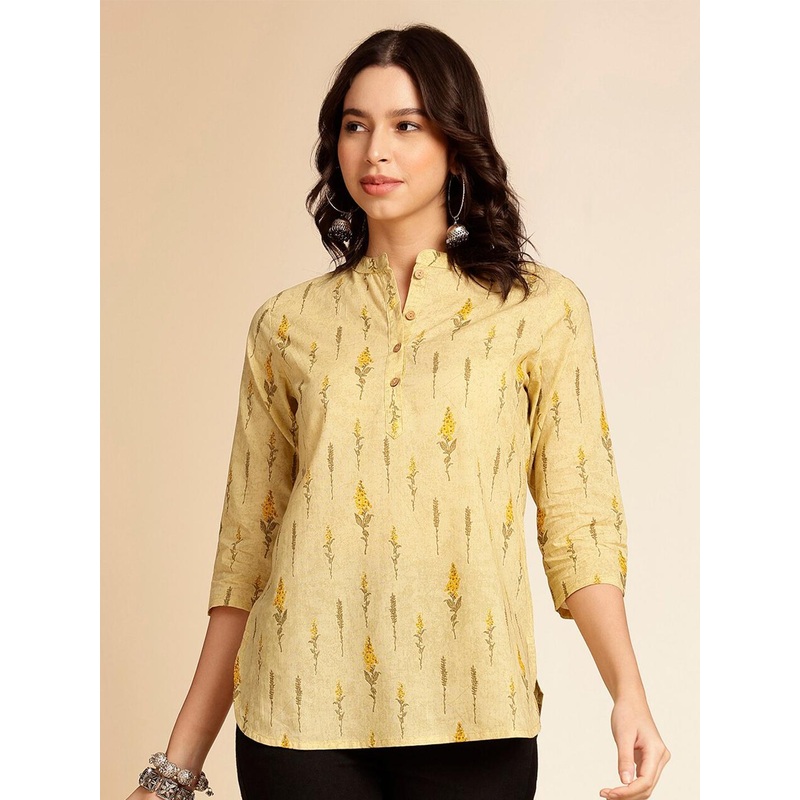 Anouk Mustard Yellow Botanical Printed Mandarin Collar Pure Cotton Short Kurti