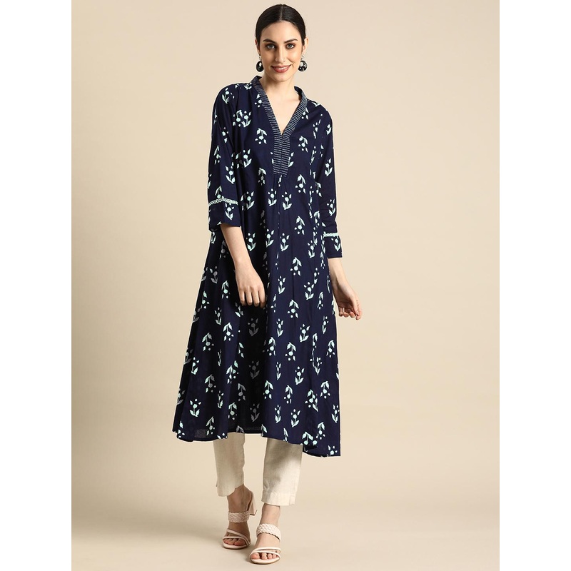 Anouk Women Navy Blue & White Ethnic Motifs Printed Indigo Kurta