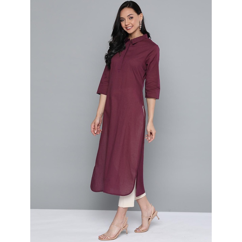 HERE&NOW Women Burgundy Cotton Solid Pathani Kurta