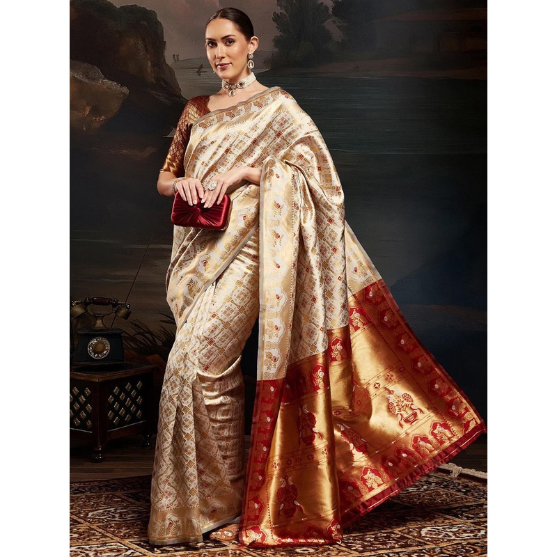 House of Pataudi Ethnic Motifs Woven Design Zari Kanjeevaram Litchi Silk Saree & Blouse