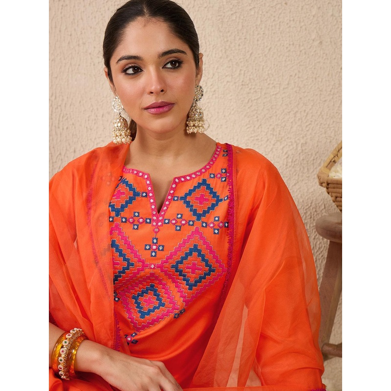 Indo Era Ethnic Motifs Embroidered Mirror Work Liva Straight Kurta With Trousers & Dupatta