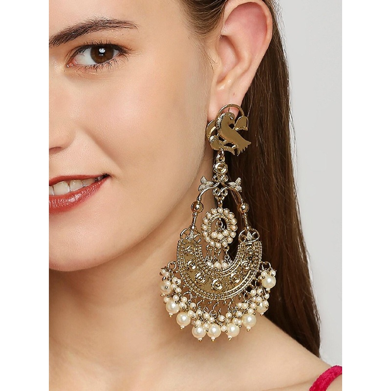 OOMPH Gold Plated & Cream-Coloured Peacock Shaped Chandbalis Earrings