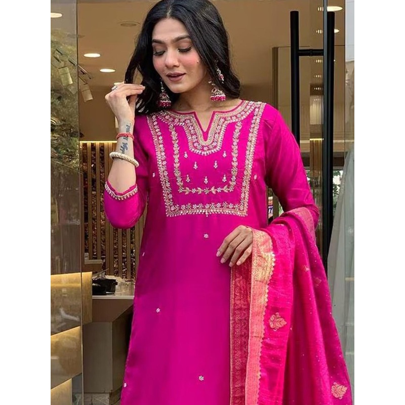 Royal Export Floral Embroidered Notch Neck Chanderi Silk Straight Kurta Trousers & Dupatta