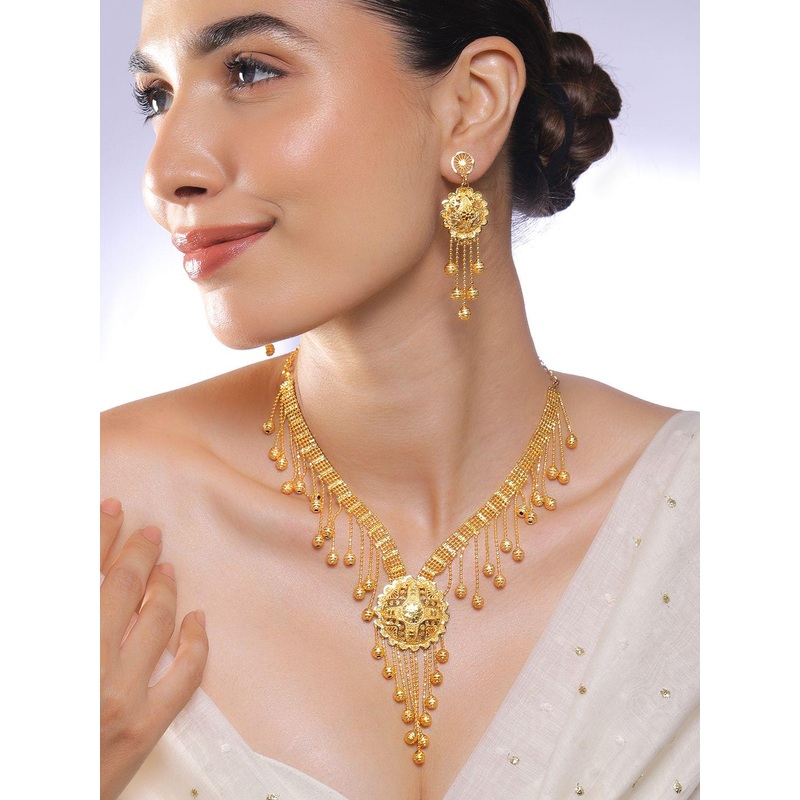 Rubans 18K Gold-Plated Necklace Set with Multilayer Gold Beads & Filigree Floral Design