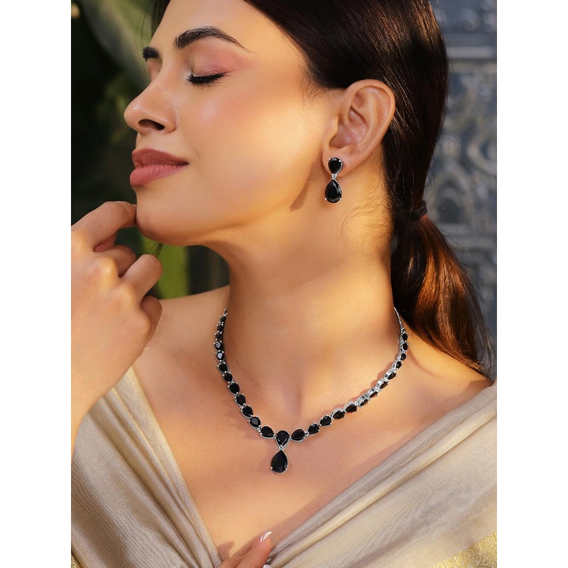 Rubans Rhodium-Plated Black Onyx AD & Cubic Zirconia Studded Necklace Set