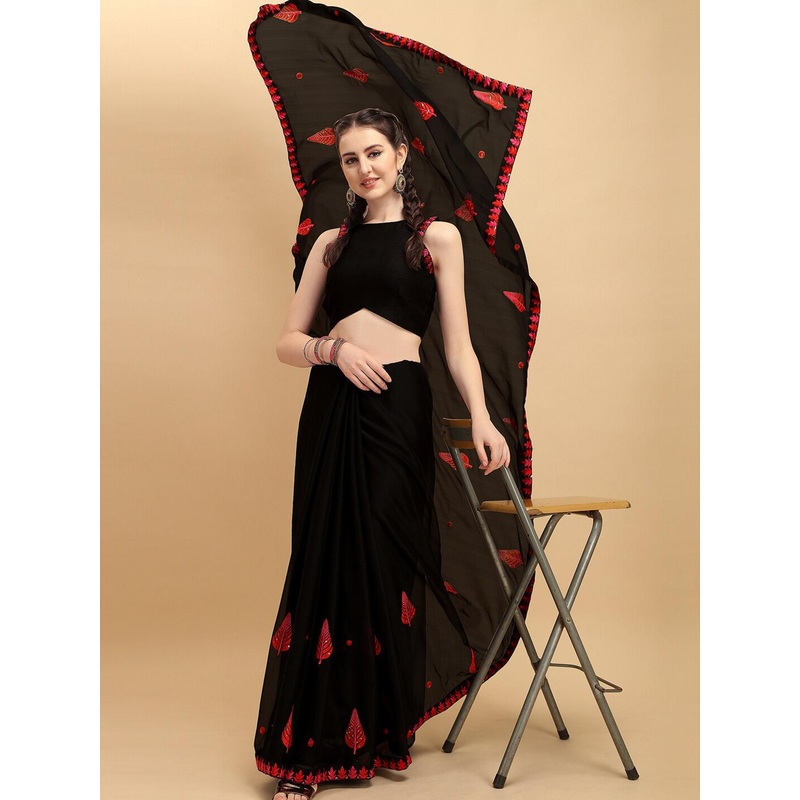 Sangria Black & Red Batik Sequinned Silk Blend Saree